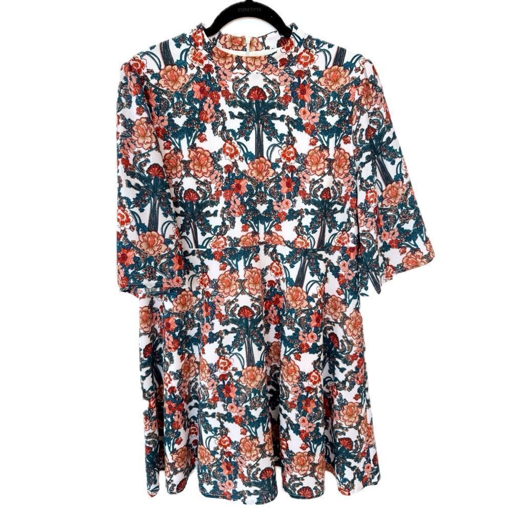 Aryeh White Red Teal Floral Print Short Sleeve Flowy Dress Size Large